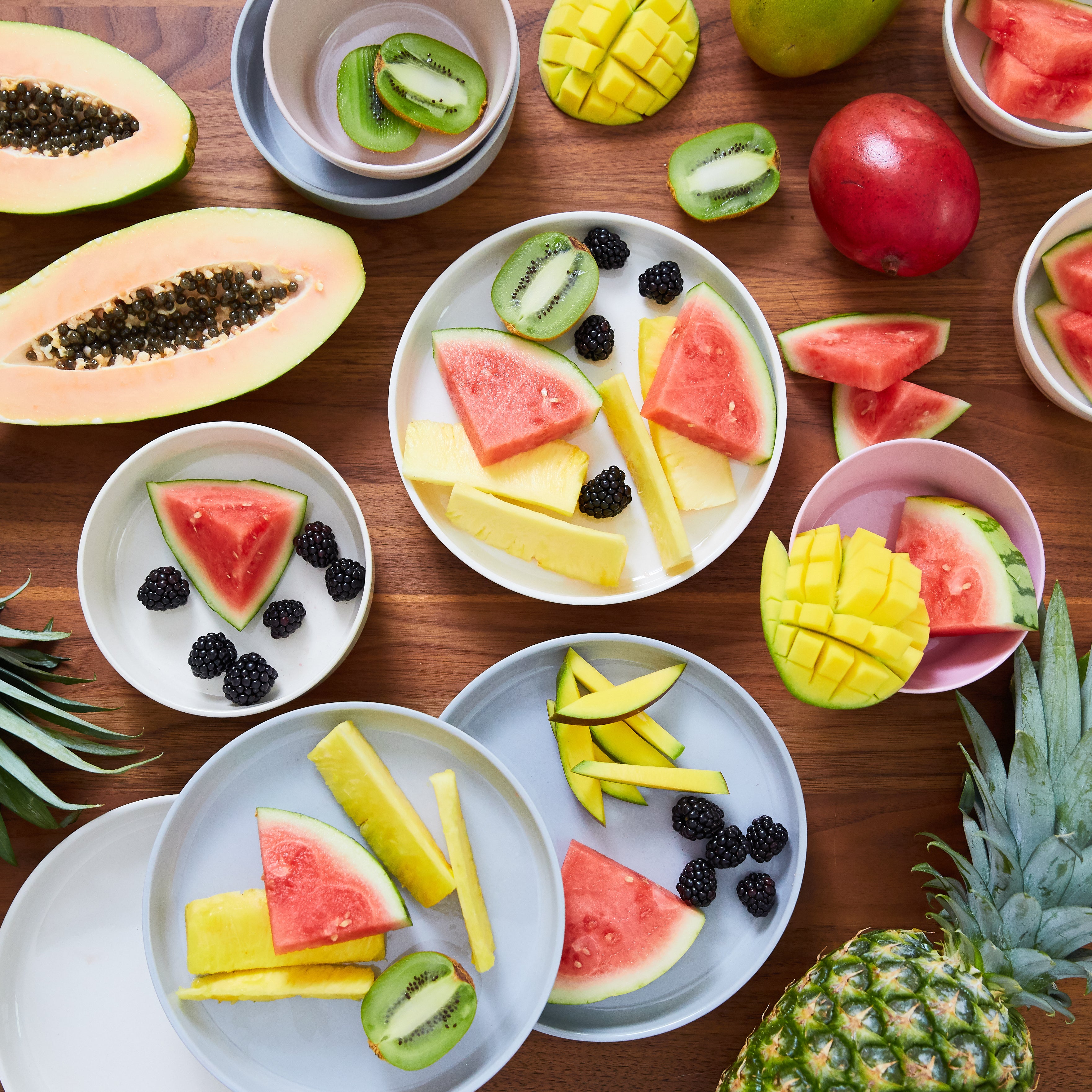 How color affects your baby imagery. Fresh fruit on neutral colored plates.