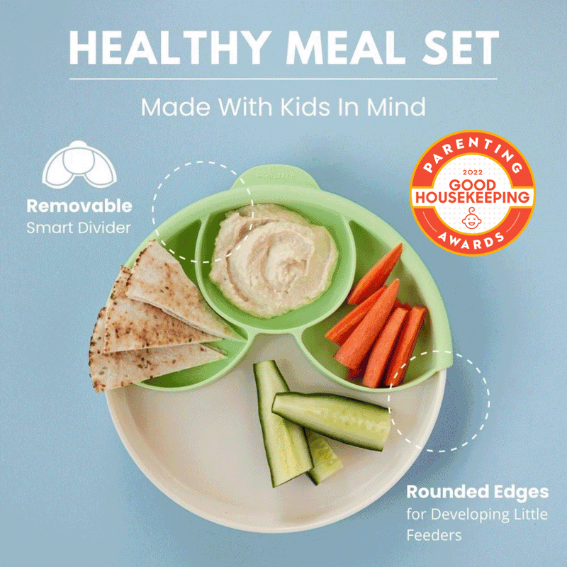 Healthy Meal Set with Good Housekeeping Parenting Awards Logo, Extra plate with the removable smart divider, and detachable suction foot helps prevent spills.